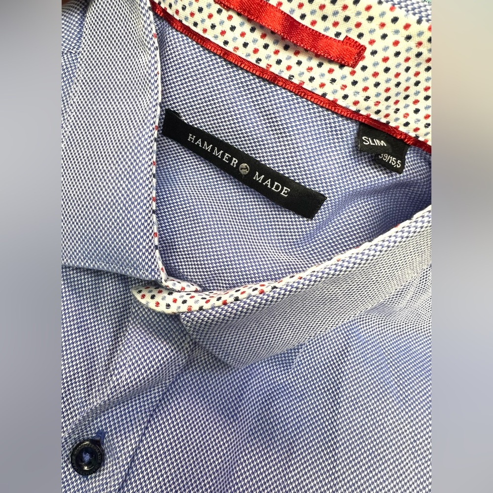 Hammer Made-Elegant Light Blue Dress Shirt -‎ 39, 15.5, Slim, red accents